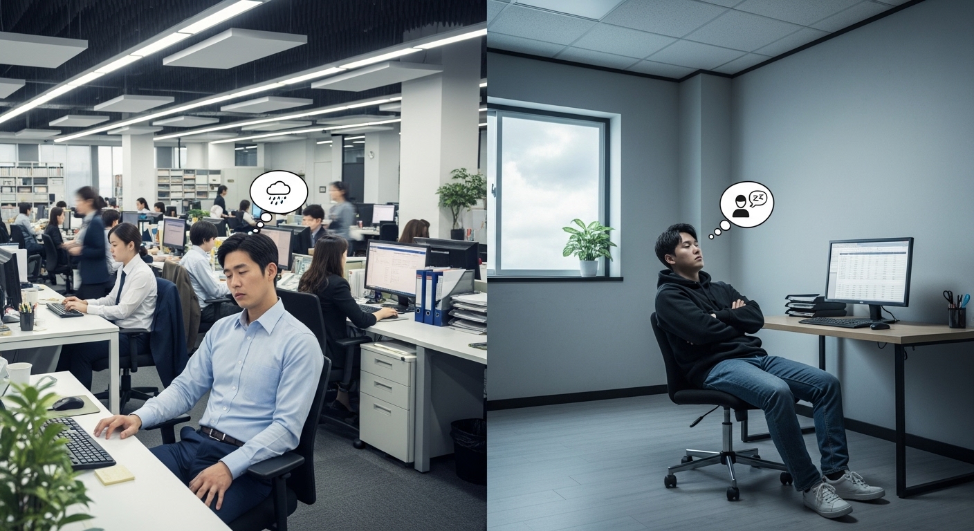 외향형과 내향형의 직업 환경 불일치. 시끄러운 사무실에서 지친 내향형 직원과, 고립된 공간에서 지루해하는 외향형 직원의 모습을 대비하여 보여준다.