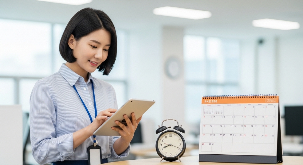 알람시계와 캘린더 앞에서 일정 확인하는 직장인
