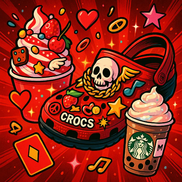 토핑경제를 상징하는 커스터마이징 아이템—요거트, 크록스, 커스텀 음료—가 화려한 콜라주로 구성된 레드 배경 일러스트