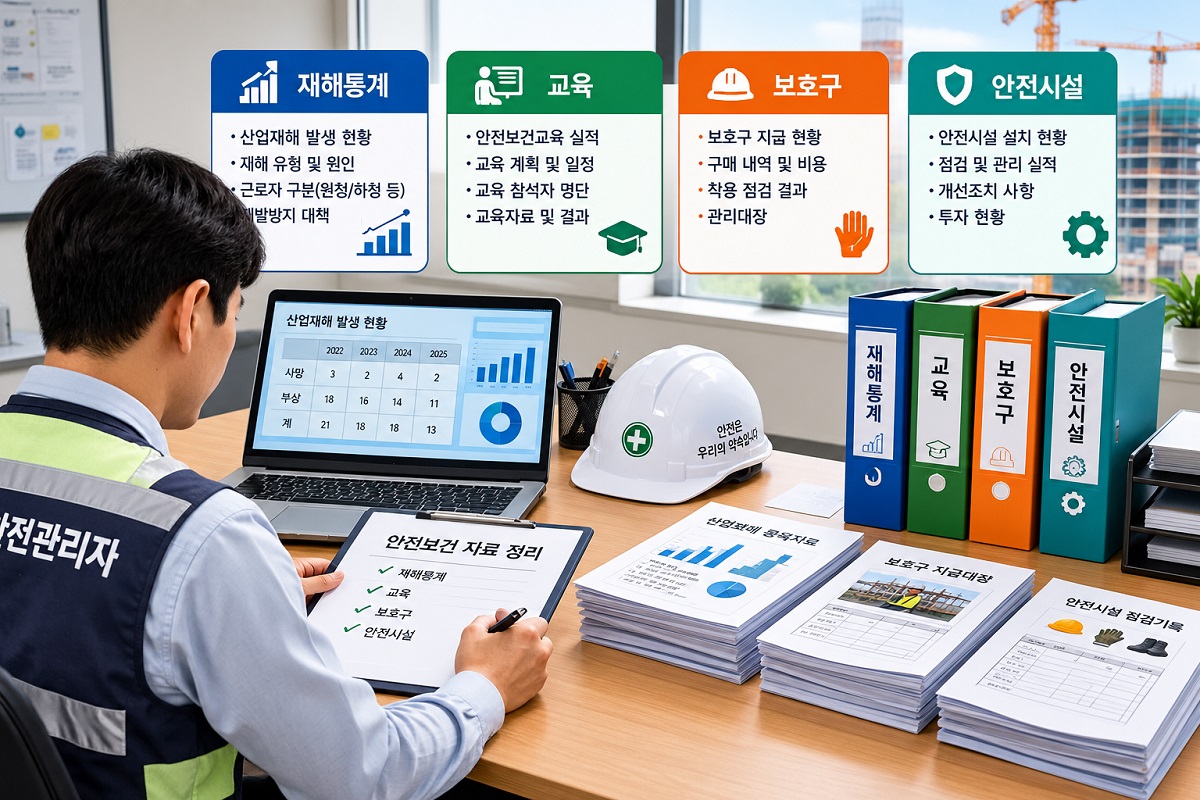 안전관리자가 산업재해 통계와 안전보건교육 보호구 안전시설 자료를 정리하는 모습