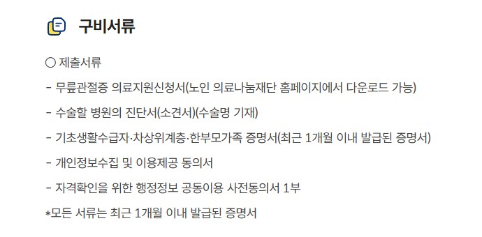 노인 무릎 인공관절수술 지원제도 지원대상 신청방법