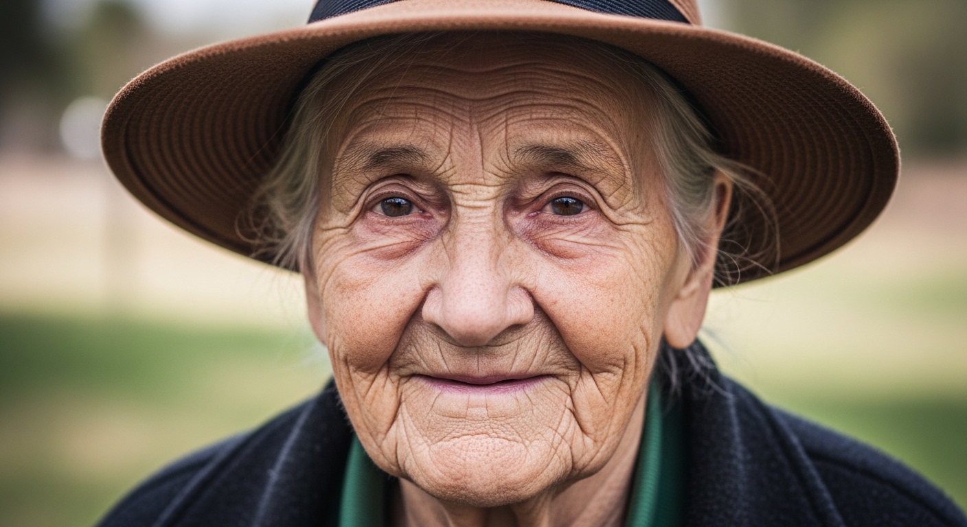 주름, 기미, 솜털이 자연스럽게 드러나는 노인의 사실적인 인물 사진. 나이 든 피부의 질감과 따뜻한 자연광이 실제와 같은 느낌을 강조한다.