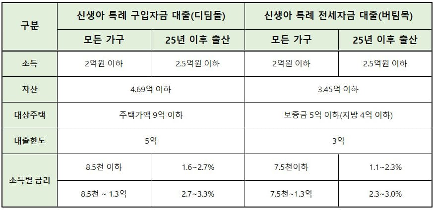신생아 특례대출 디딤돌, 버팀목 비교 내용