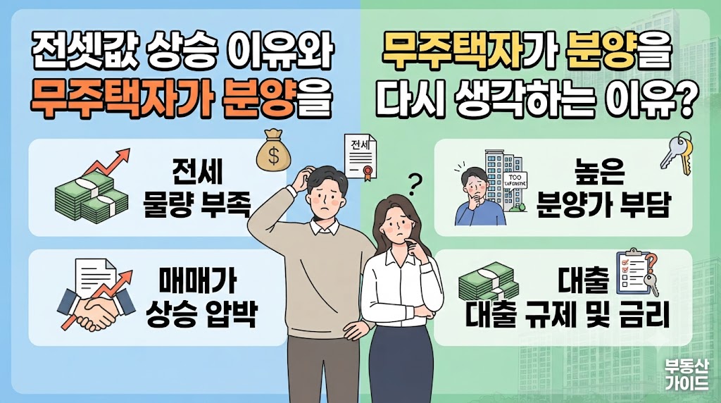 급등하는 전세 가격의 원인과 무주택자들이 전세 대신 아파트 분양 시장으로 다시 눈을 돌리는 이유를 직관적으로 비교하고 분석한 썸네일 이미지