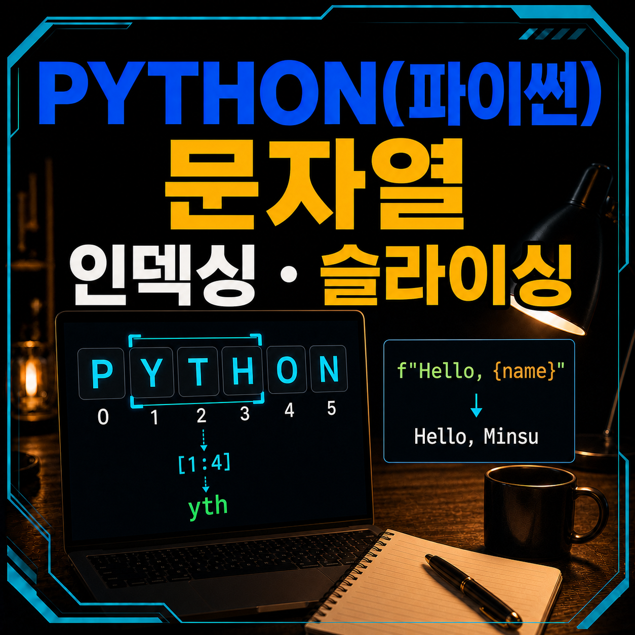 파이썬 문자열의 글자 인덱스와 슬라이싱 구간 및 f-string을 표현한 코딩 책상 썸네일