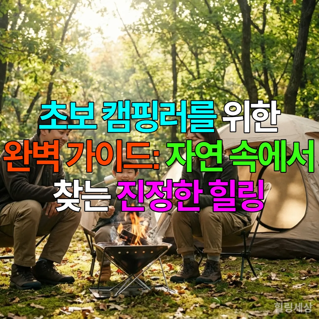 초보 캠핑 가족이 숲속에서 마시멜로를 구우며 행복한 시간을 보내는 모습
