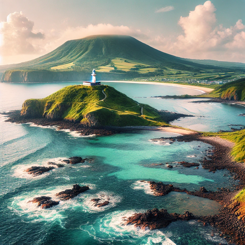 제주도 섭지코지의 해안가 풍경, 등대와 바위 해변이 조화를 이루는 아름다운 장면