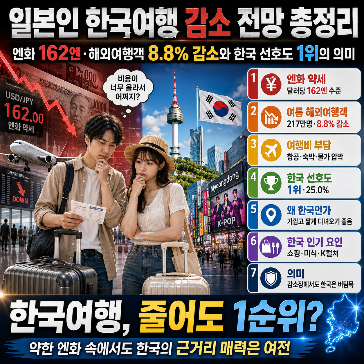 일본인 한국여행 감소 전망 총정리: 엔화 162엔·해외여행객 8.8% 감소와 한국 선호도 1위의 의미