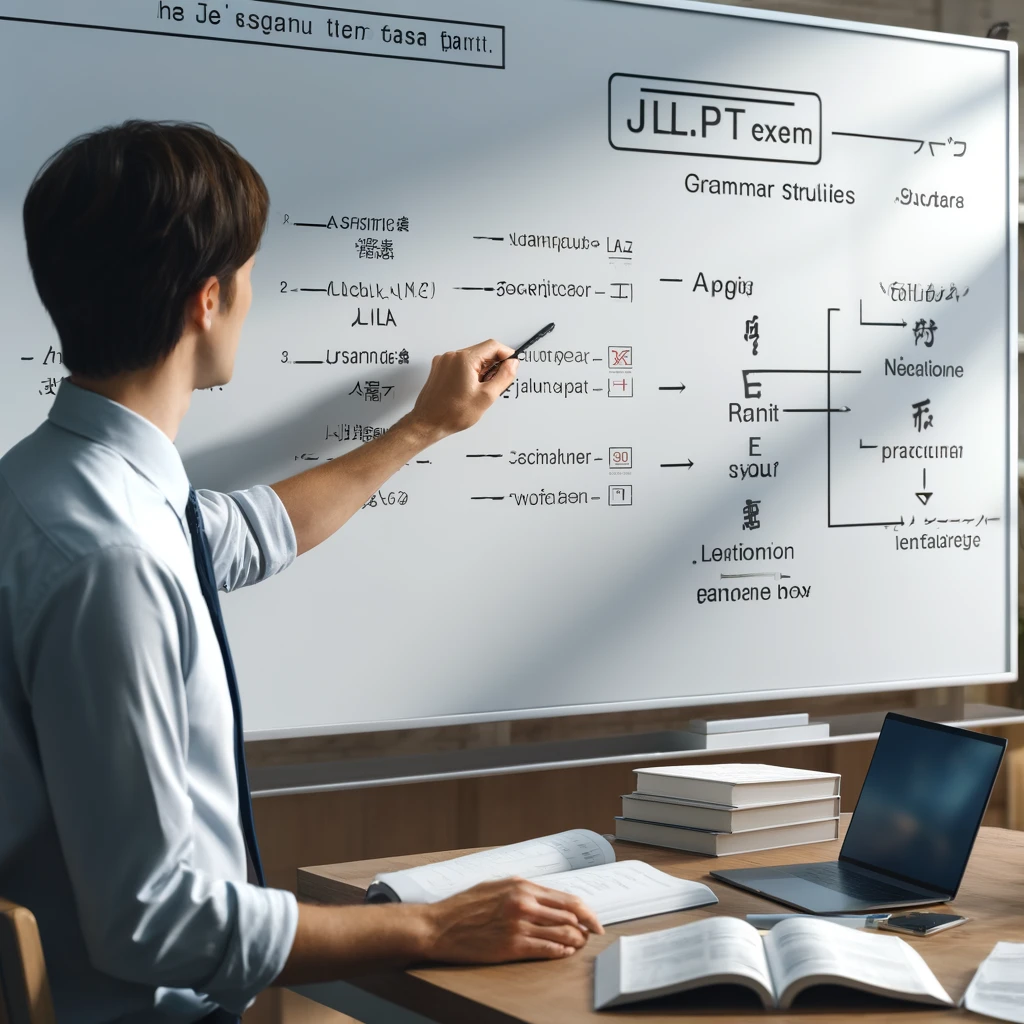 JLPT 기출문제를 분석 중인 일본어 강사의 교실 모습