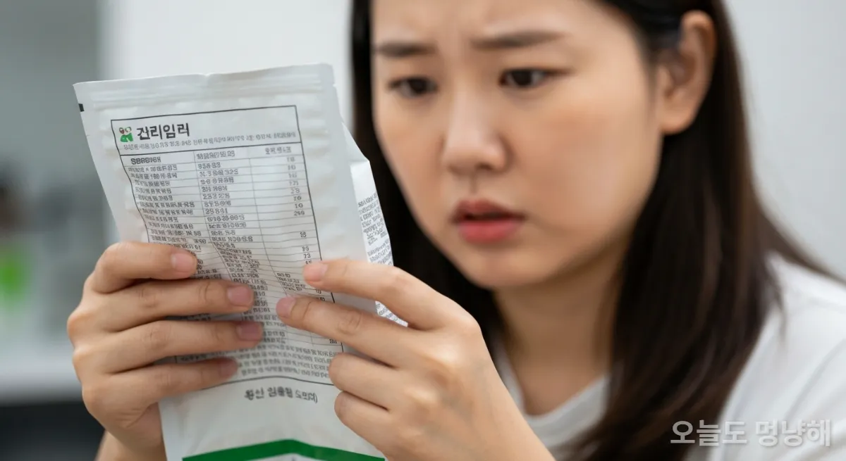 반려동물 사료 성분표를 꼼꼼히 읽는 한국 여성의 손