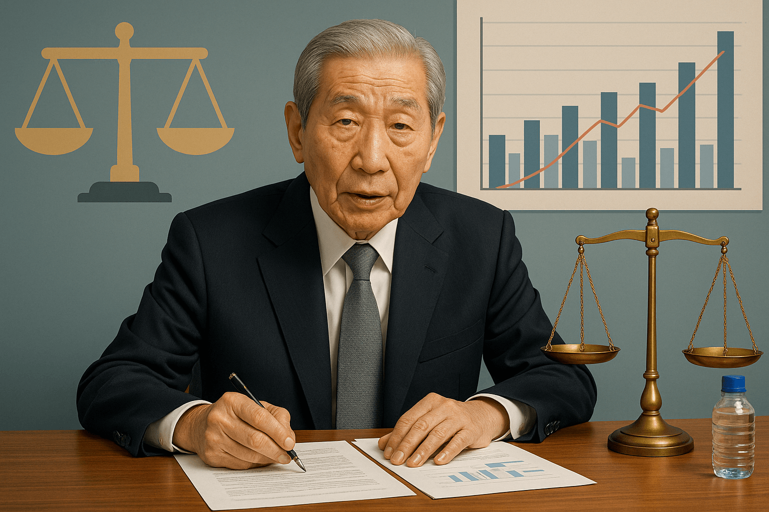 한국인 야구 총재가 책상에서 서류와 저울을 동시에 다루며&amp;#44; 공정성과 비즈니스를 상징