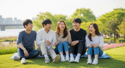 한강공원에서 웃고 있는 친구들
