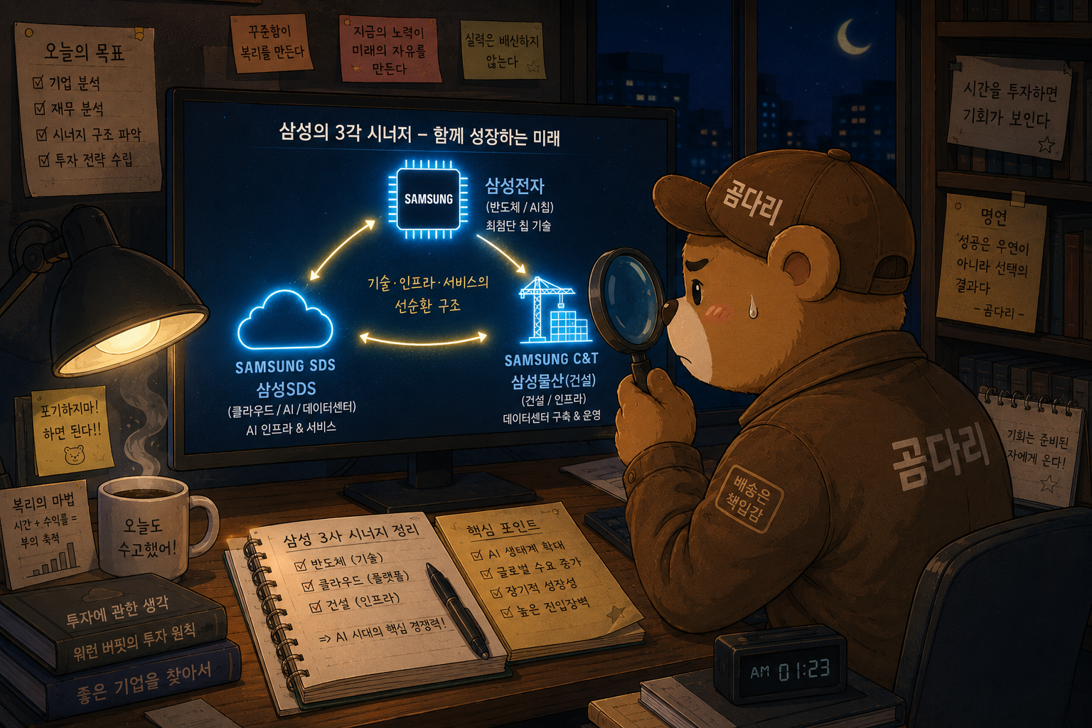 "삼성전자&middot;삼성SDS&middot;삼성물산 AI 수직계열화 구조를 공부하는 곰따리 캐릭터"