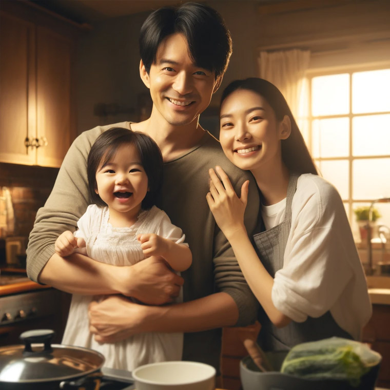 집안에서 가족이 행복하게 웃고 있다.