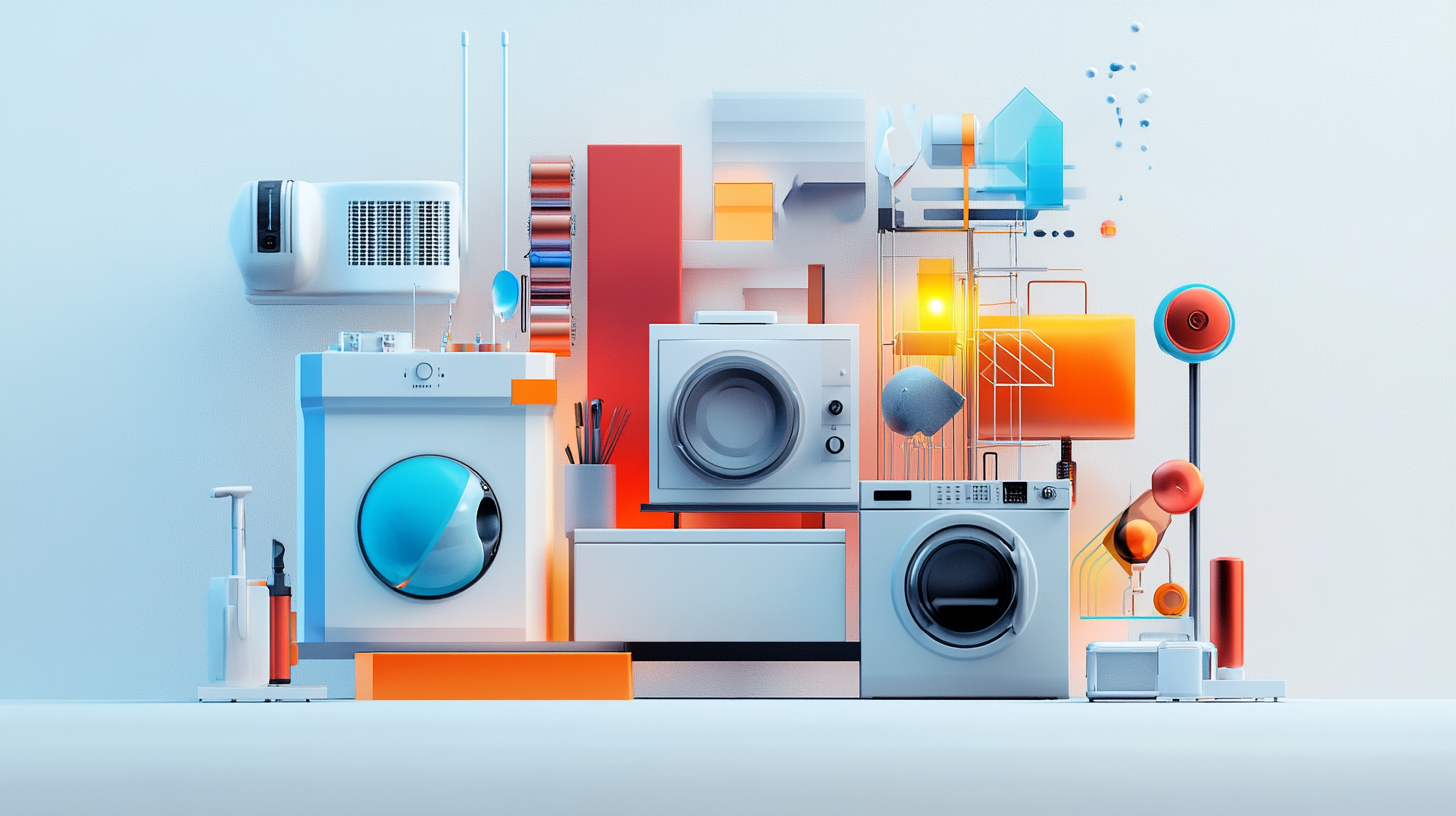 기술과 가전 제품의 융합을 표현한 개념 예술 작품으로, 가정용 물건들과 추상적인 요소들이 조화를 이루며 균형 잡힌 구성을 자랑합니다.