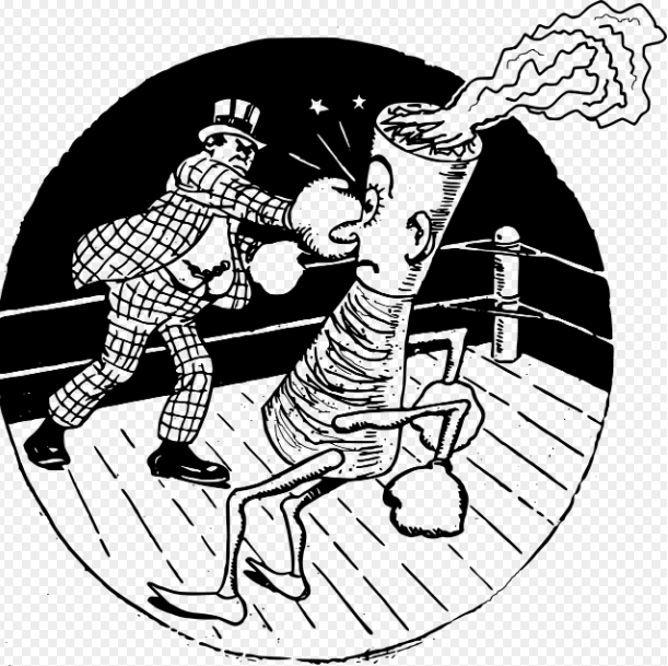 권투 링 위에서 신사가 담배 캐릭터에게 강력한 펀치를 날리는 빈티지 스타일의 금연 권장 풍자 만화 일러스트