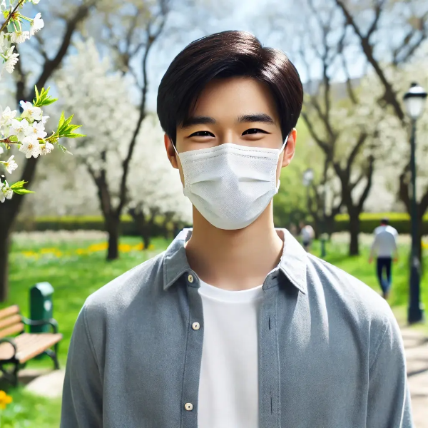 봄날 공원에서 마스크를 착용하고 있는 건강한 동양인 남성