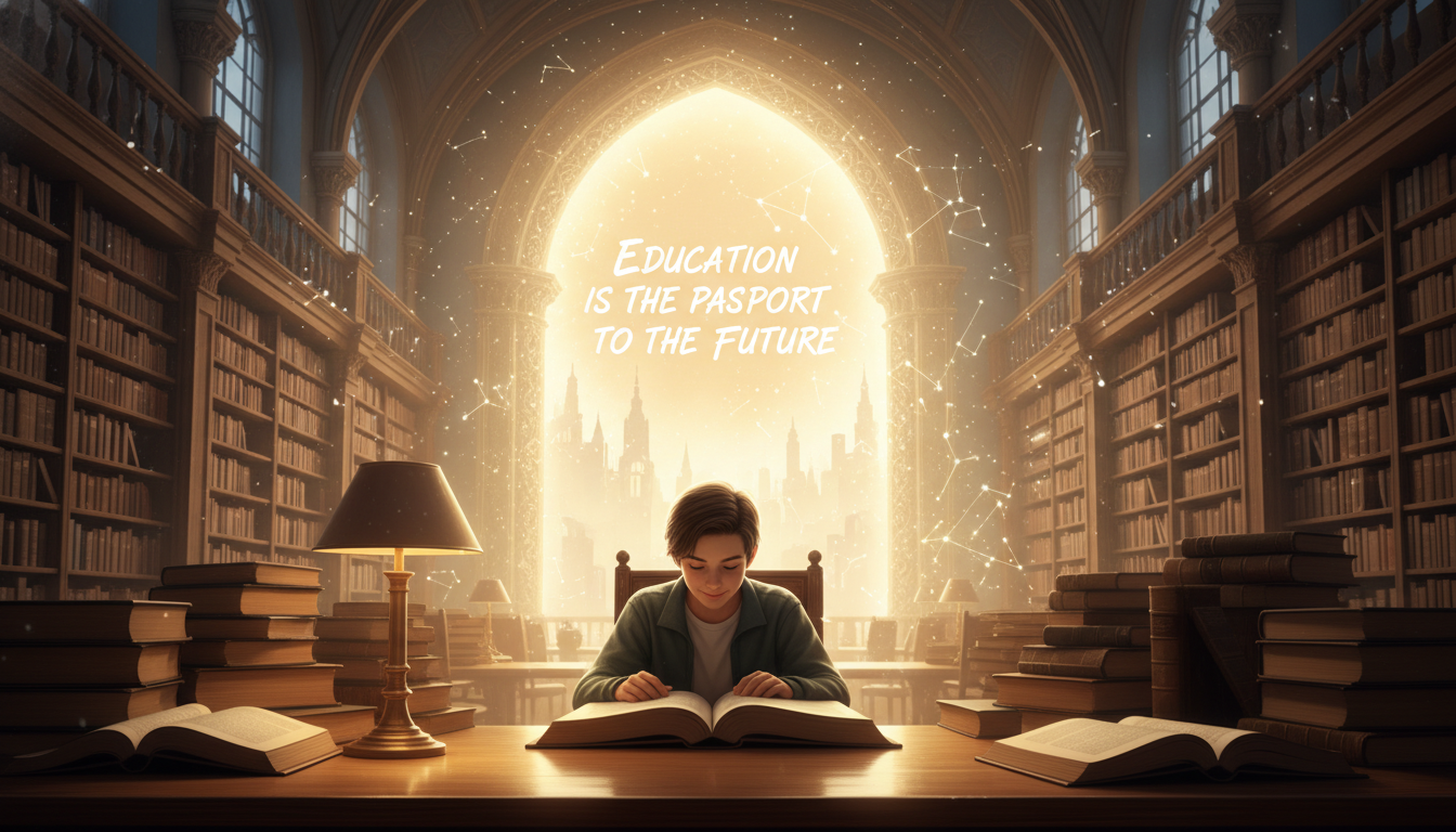 도서관에서 공부하는 청년과 미래로 열린 문, 교육의 중요성 상징