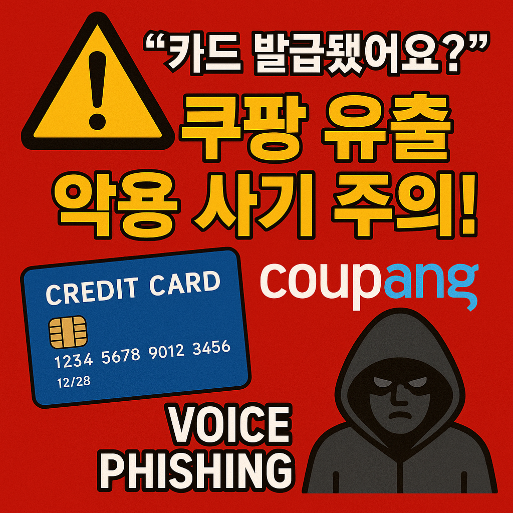 “쿠팡 개인정보 유출을 악용한 카드 발급 보이스피싱 사기 주의 안내, 경고 아이콘과 신용카드 그림이 있는 뉴스형 경고 썸네일 이미지”