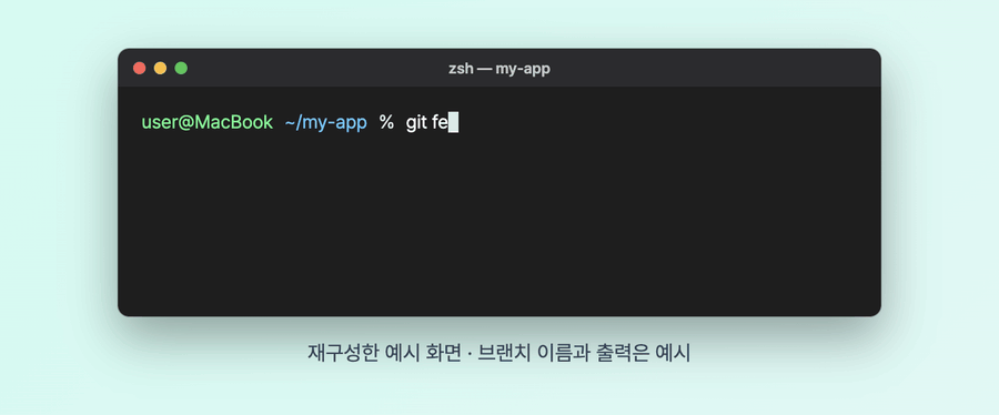 맥 터미널에서 git fetch, git switch로 결과 브랜치를 받고 npm test를 돌리는 과정을 재구성한 움직이는 화면