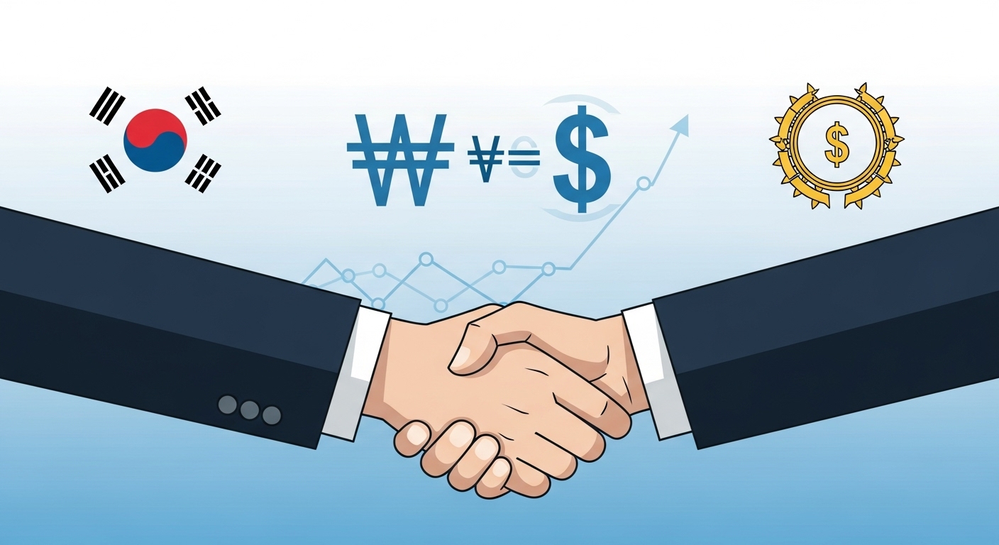 한국은행과 미국 Fed 심볼이 악수하는 모습의 일러스트