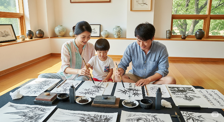 수묵화 체험에 참여하고 있는 가족