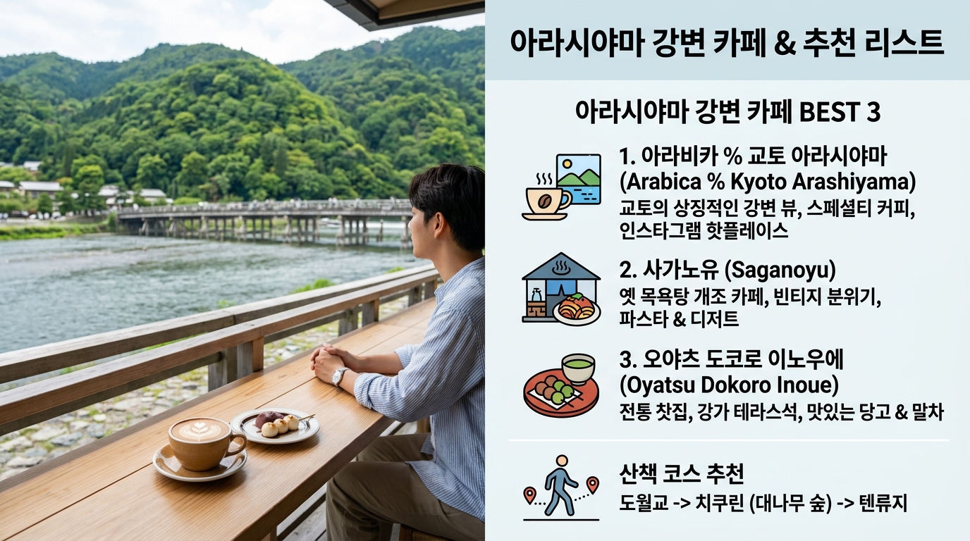교토 감성을 가득 담은 아라시야마 강변의 필수 카페 5곳을 소개합니다.