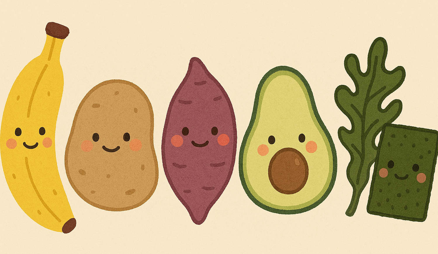 바나나, 감자, 고구마, 아보카도, 미역, 다시마의 귀여운 일러스트