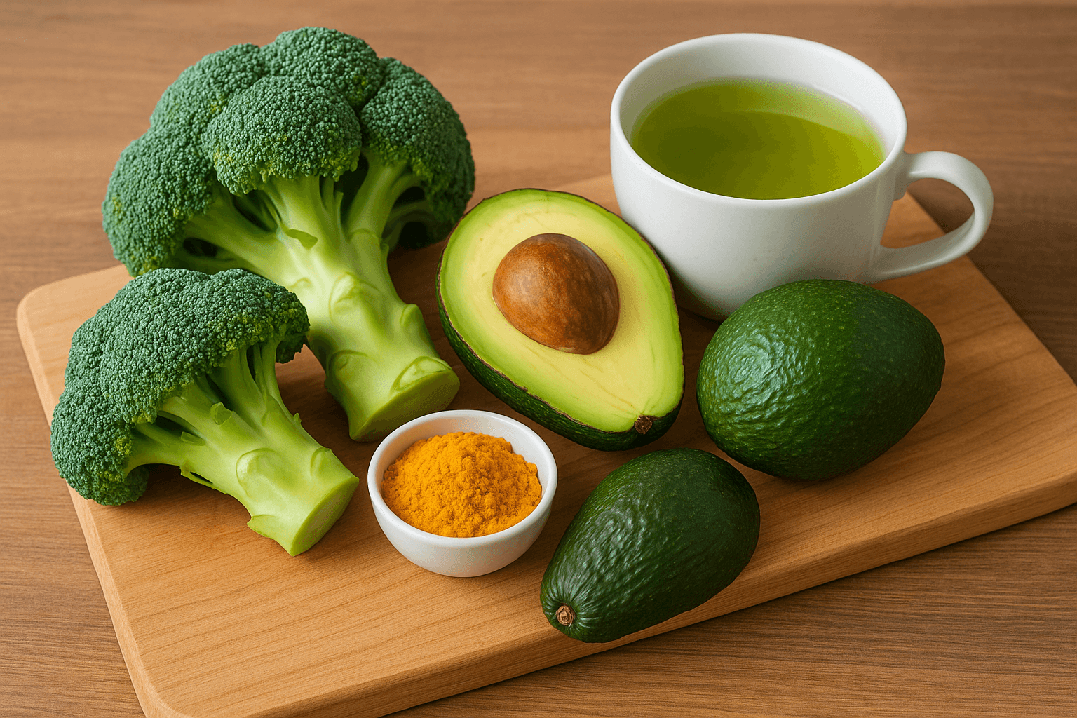 브로콜리와 녹차, 아보카도가 놓인 건강한 식탁 위 풍경(출처**자체제작)