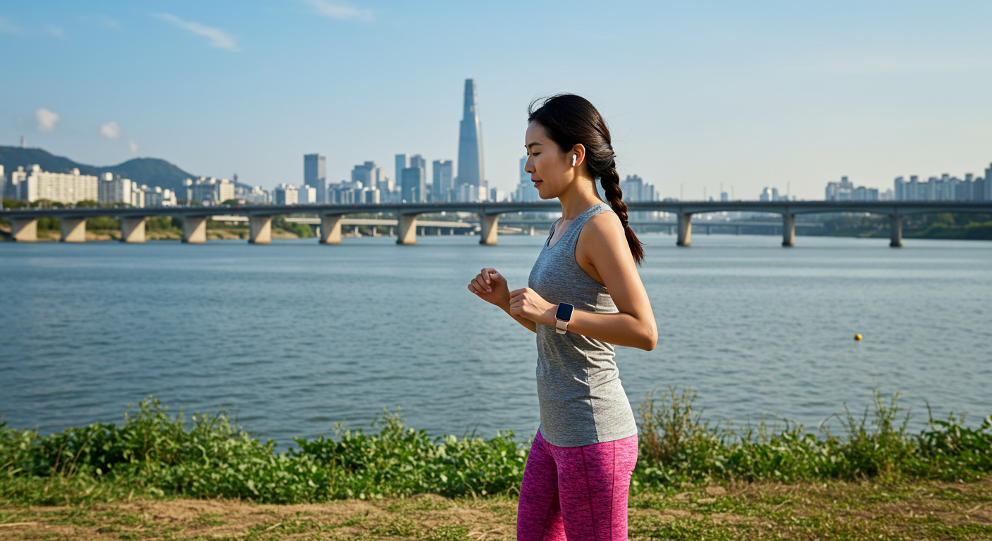 스마트워치를 착용하고 한강 러닝 모습