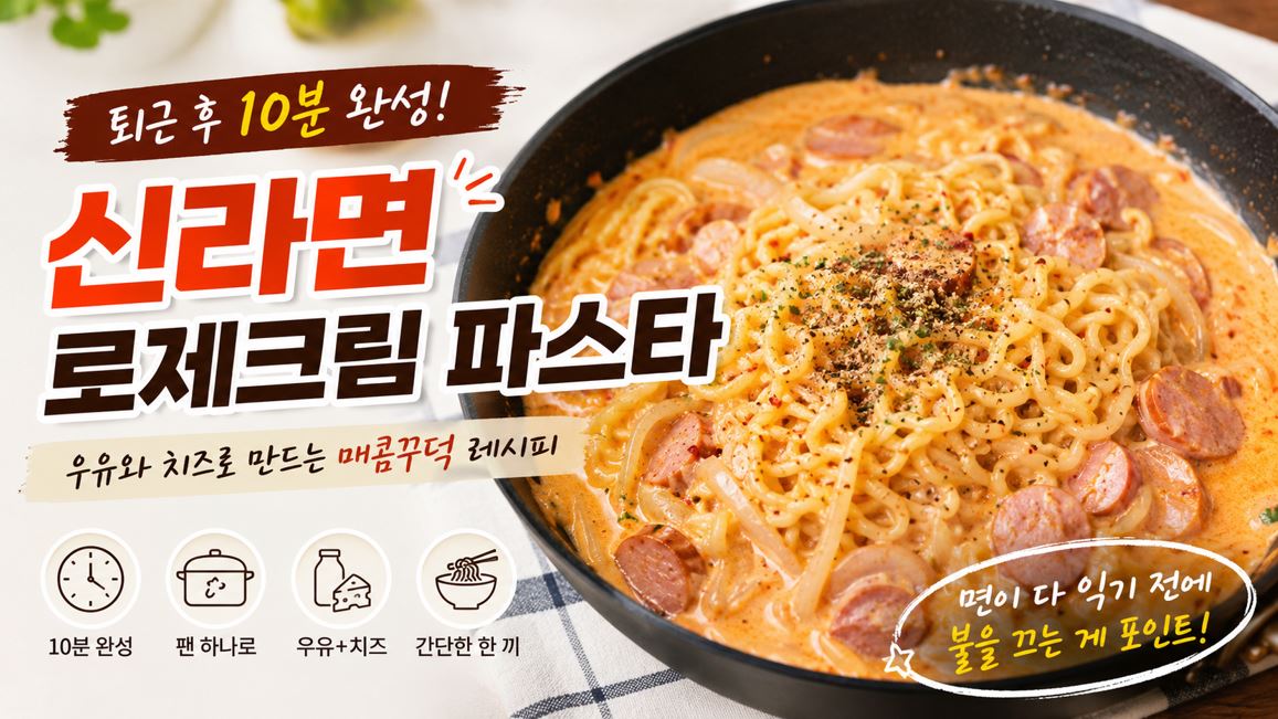우유와 체다치즈에 신라면과 소시지를 넣어 만든 로제크림라면
