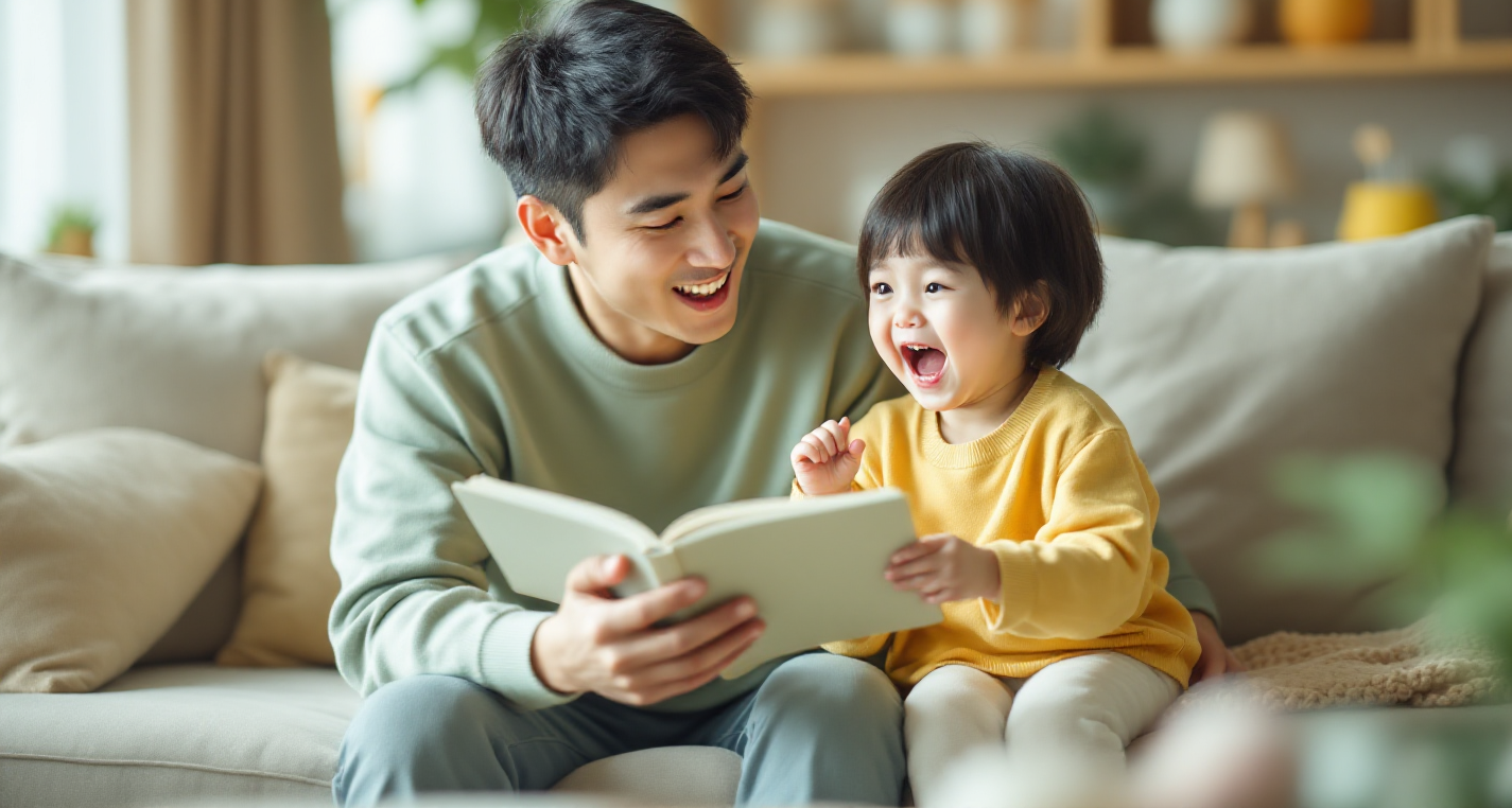 아이와 아빠가 책을 보며 즐거워하는 사진