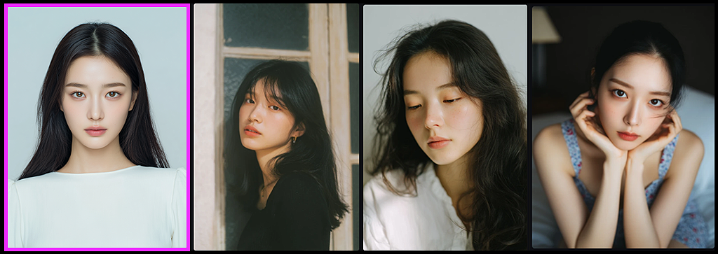 자연스러운 메이크업과 심플한 배경을 가진 Midjourney 생성 기준 인물 이미지