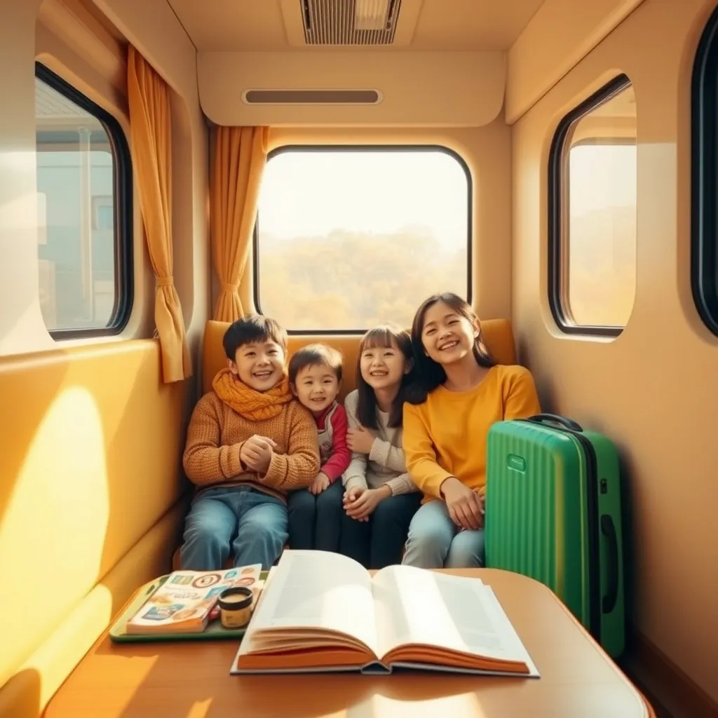 창밖으로 따스한 햇살이 비치는 KTX 객실 안에서, 캐리어를 옆에 두고 편안하게 앉아 창밖을 바라보며 미소 짓는 가족의 모습. 테이블 위에는 간단한 여행 간식과 책이 놓여 있고, 전체적으로 밝고 따뜻한 색감을 사용하여 포근하고 기대감 가득한 분위기를 표현합니다.