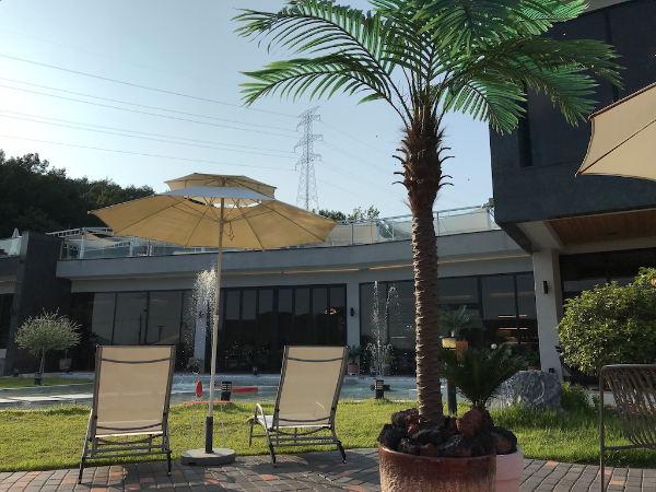 전주 근교 카페 우연하게도의 선배드가 있는 야외 전경.