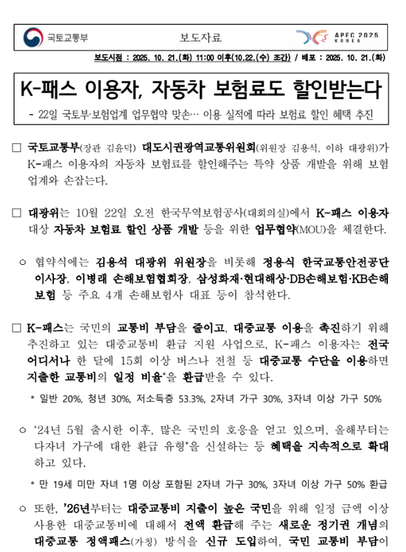 K-패스 이용자 '자동차보험료 할인' 혜택 총 정리와 꿀팁 정보