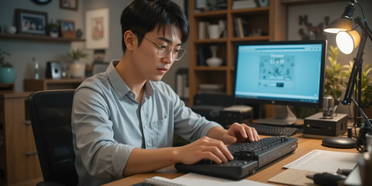 업무 중 기계식 키보드로 문서를 작성하는 장면