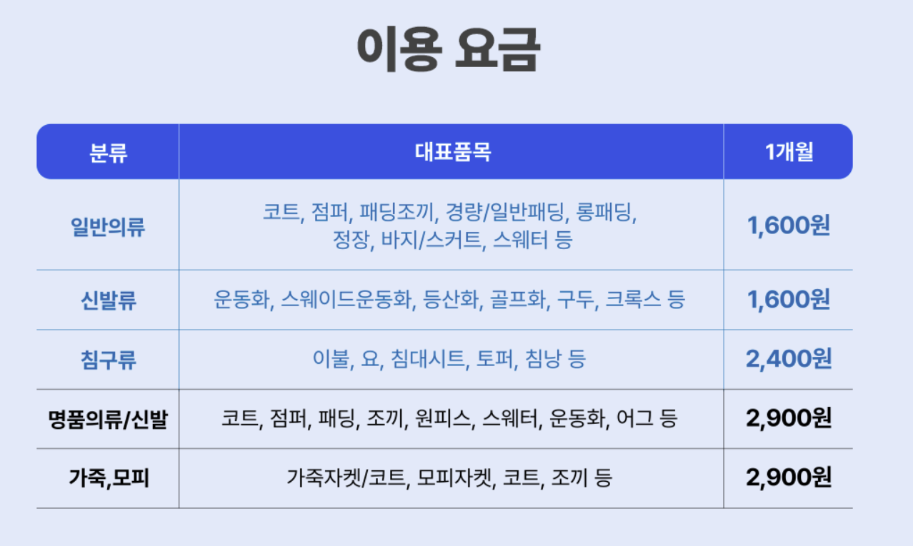 의류 보관 서비스 이용 요금 안내