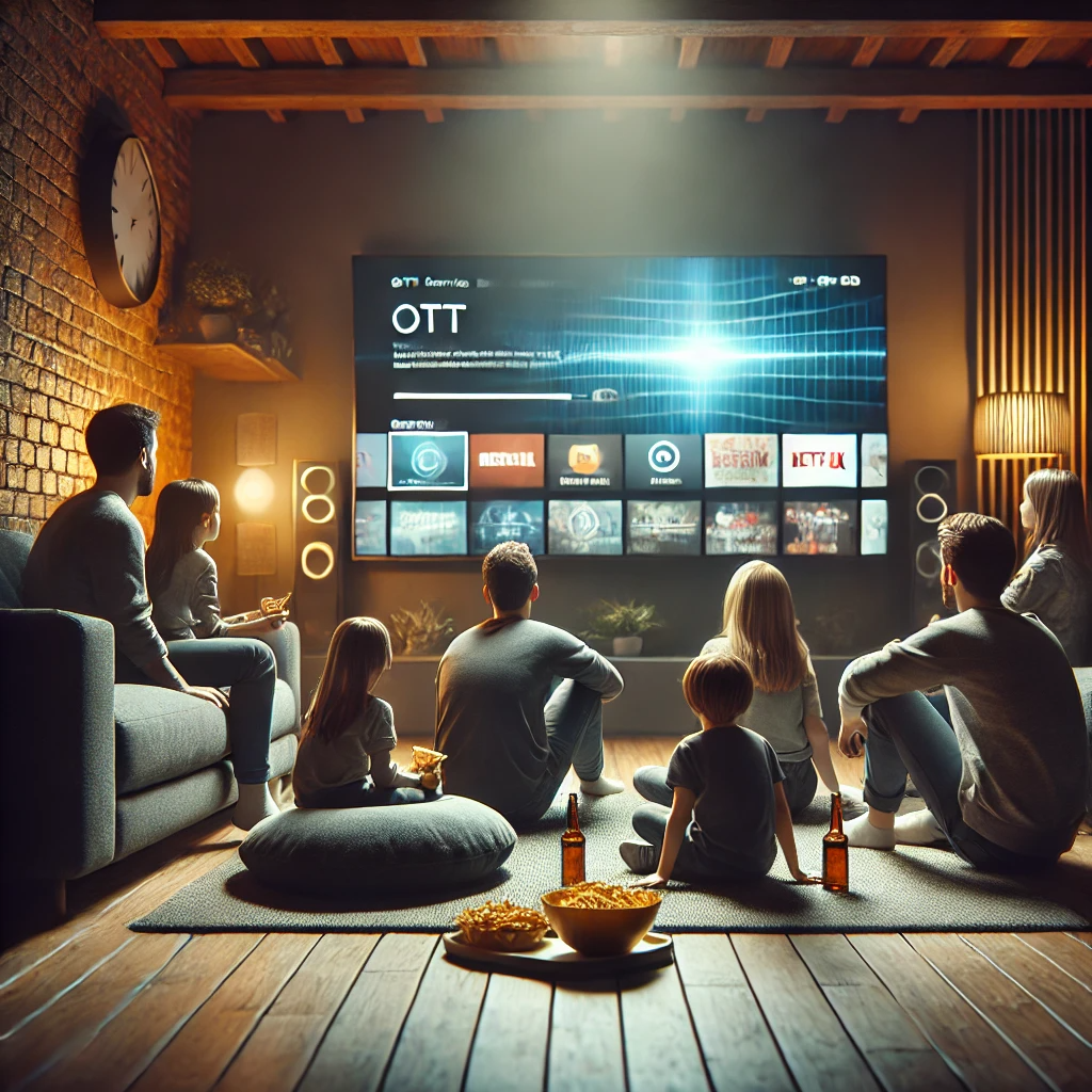 부모와 아이들&amp;#44; 친구들이 거실에서 OTT 영상을 보며 소파와 빈백에 앉아 즐기고 있다.