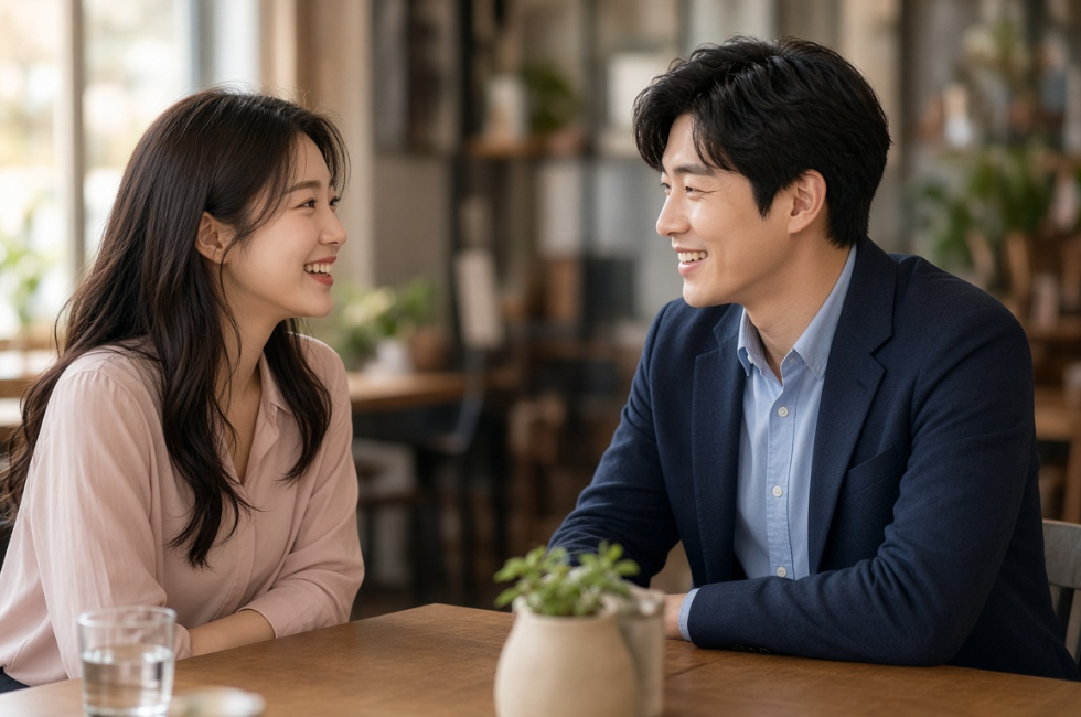 서로를 바라보는 남녀의 설레는 모습