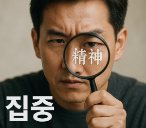 돋보기로 '精神(정신)'이라는 한자를 집중해서 들여다보는 이미지. '집중'이라는 핵심 개념을 시각적으로 강조