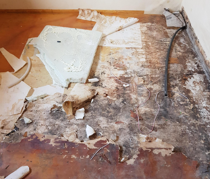 노후주택 : 배관 누수로 인해 장판, 벽지, 바닥 등에 곰팡이 핀 흔적들