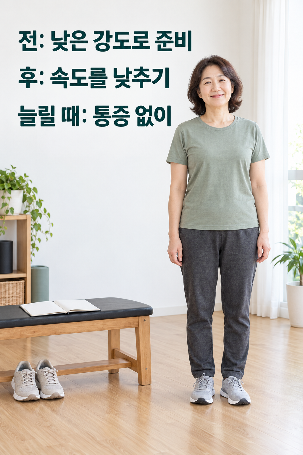 평평한 운동 공간의 신발과 기록 노트 옆에 편안하게 서 있는 성인