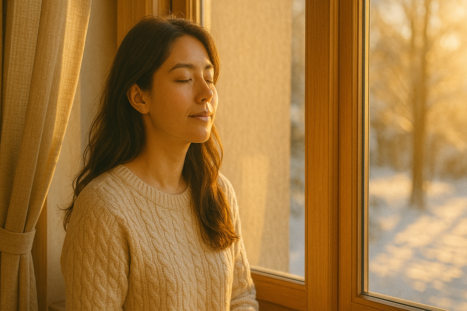 창가에서 겨울 아침 햇살을 받는 여성