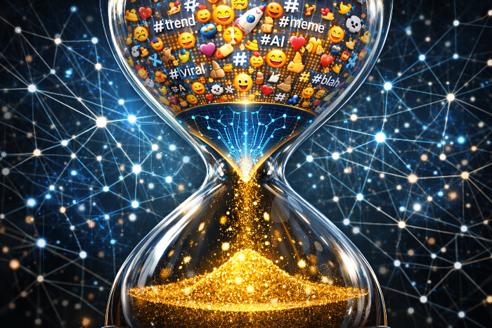 방대한 밈 데이터 속에서 수익성 있는 트렌드를 선별하는 AI 알고리즘 모래시계.