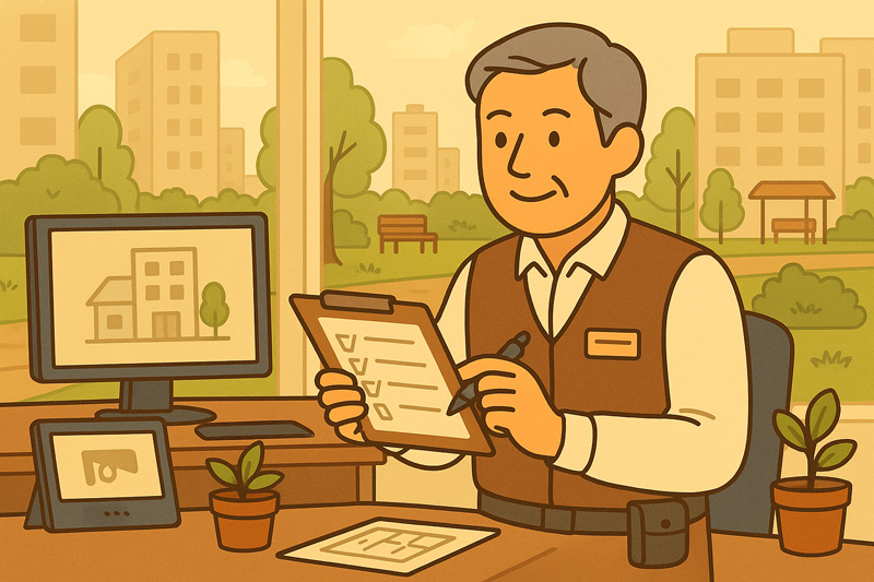 체크리스트를 확인하며 아파트 관리 업무를 수행하는 중장년 남성 주택관리사