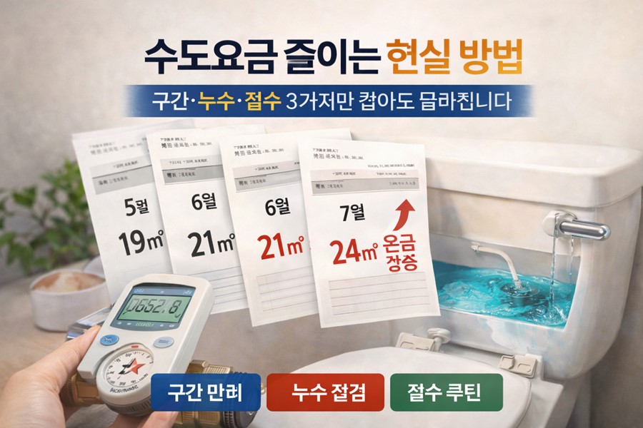 수도요금이 구간(사용량) 변화와 누수 여부에 따라 체감 요금이 달라질 수 있음을 한눈에 보여주고, 월 사용량 비교와 구간 관리의 중요성을 정리한 안내 이미지입니다.