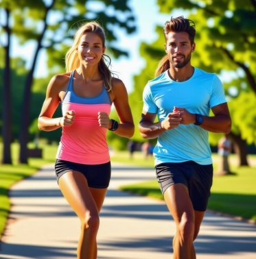 아침 햇살이 비치는 공원에서 건강해 보이는 남녀가 나란히 조깅을 하고 있다. 두 사람 모두 적절한 운동화를 신고 있으며, 편안하고 자연스러운 자세로 달리고 있다. 배경에는 푸른 나무들과 맑은 하늘이 보여 상쾌한 분위기를 자아낸다.