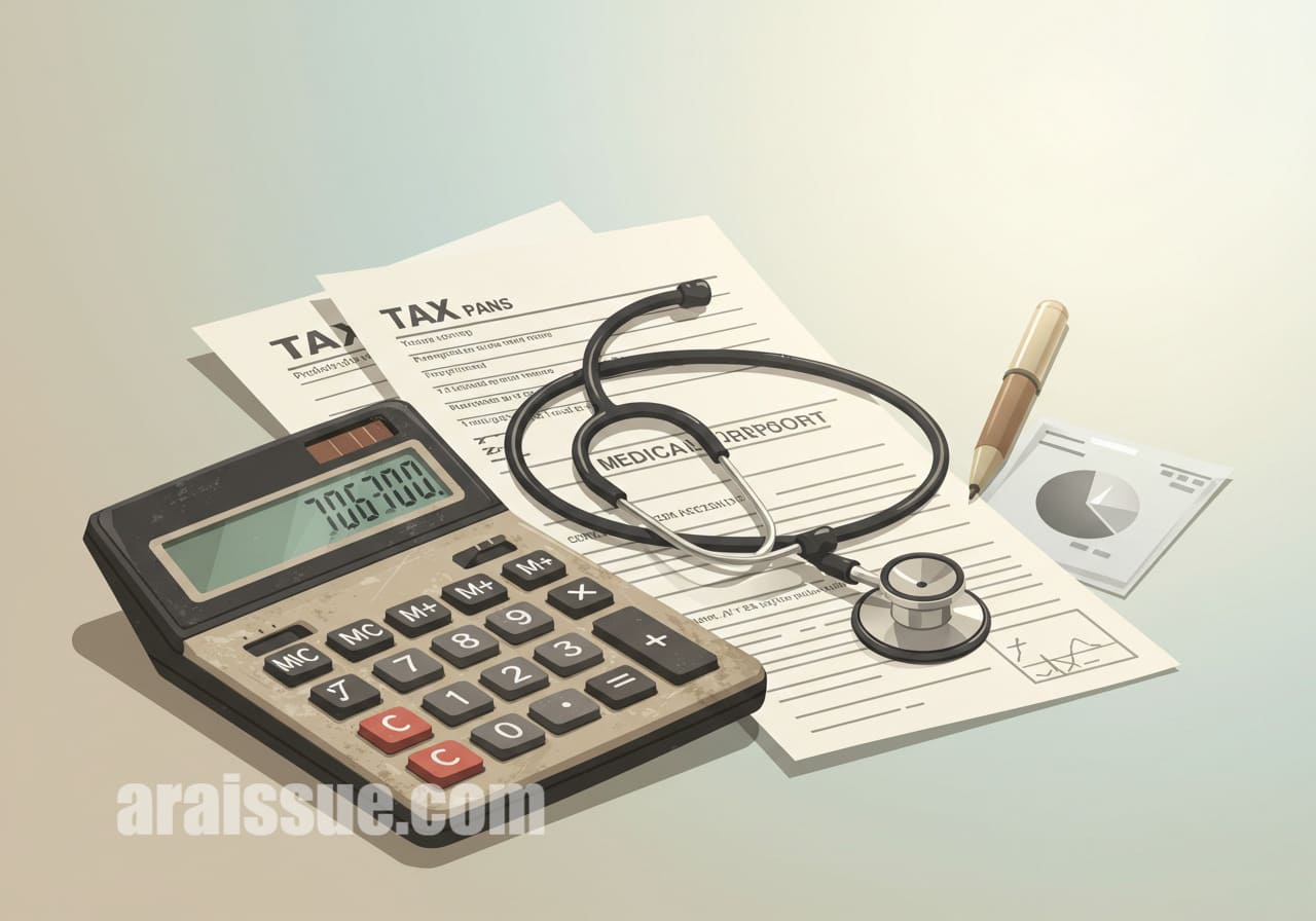 세액 공제와 의료 혜택을 상징하는 추상적인 일러스트. 계산기, 서류, 의료검진 보고서가 배경에 놓여 있습니다.