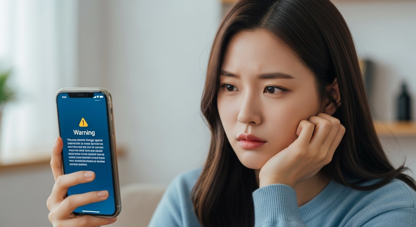 아이폰 저장 공간이 부족해 고민하는 장면